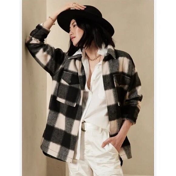 Banana Republic Plaid Pocket Jacket white black Large - Picture 1 of 11